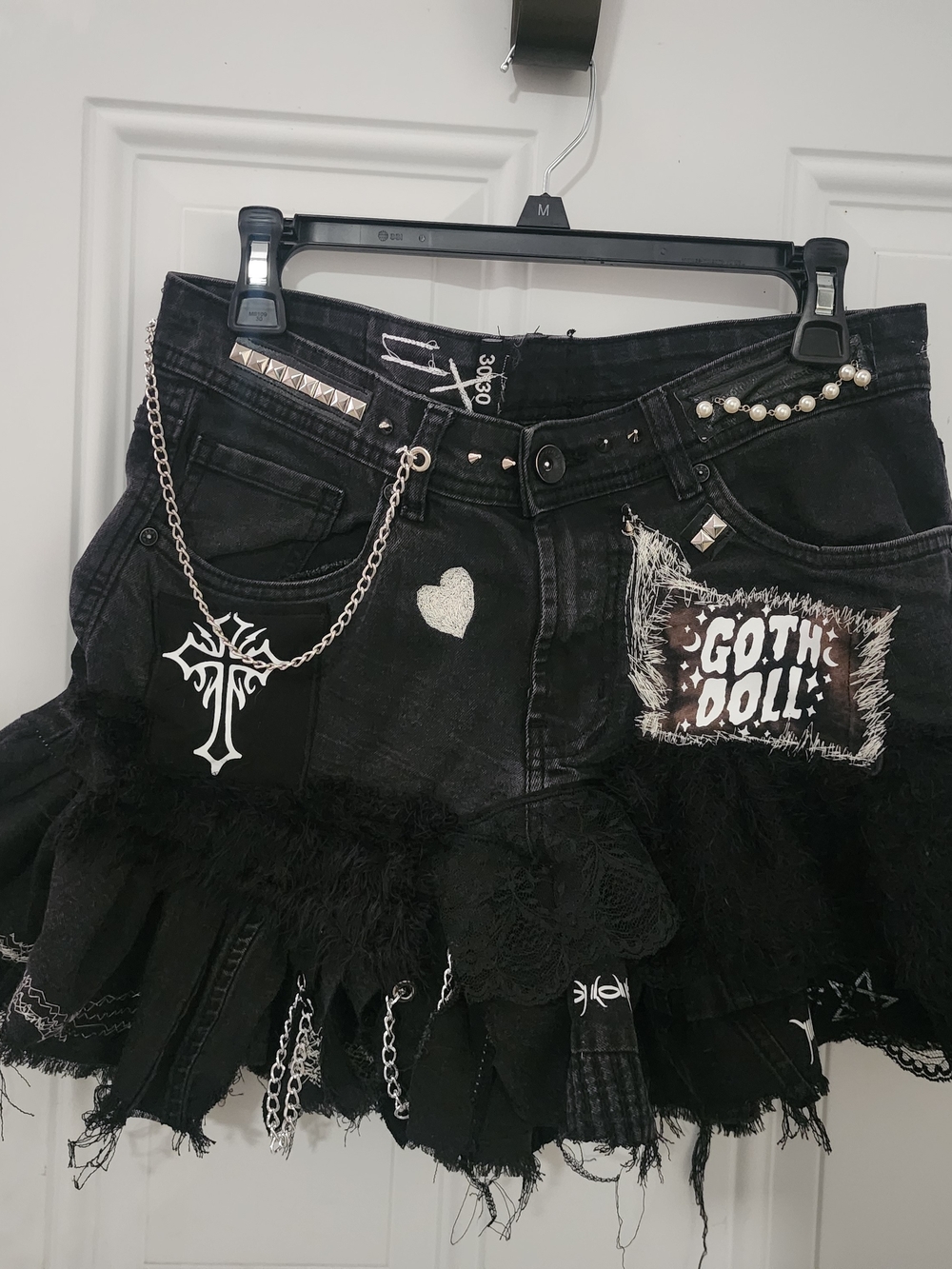 Black Gothic Ruffled Mini Skirt with Patch & Chain Details Handmade Upcycle